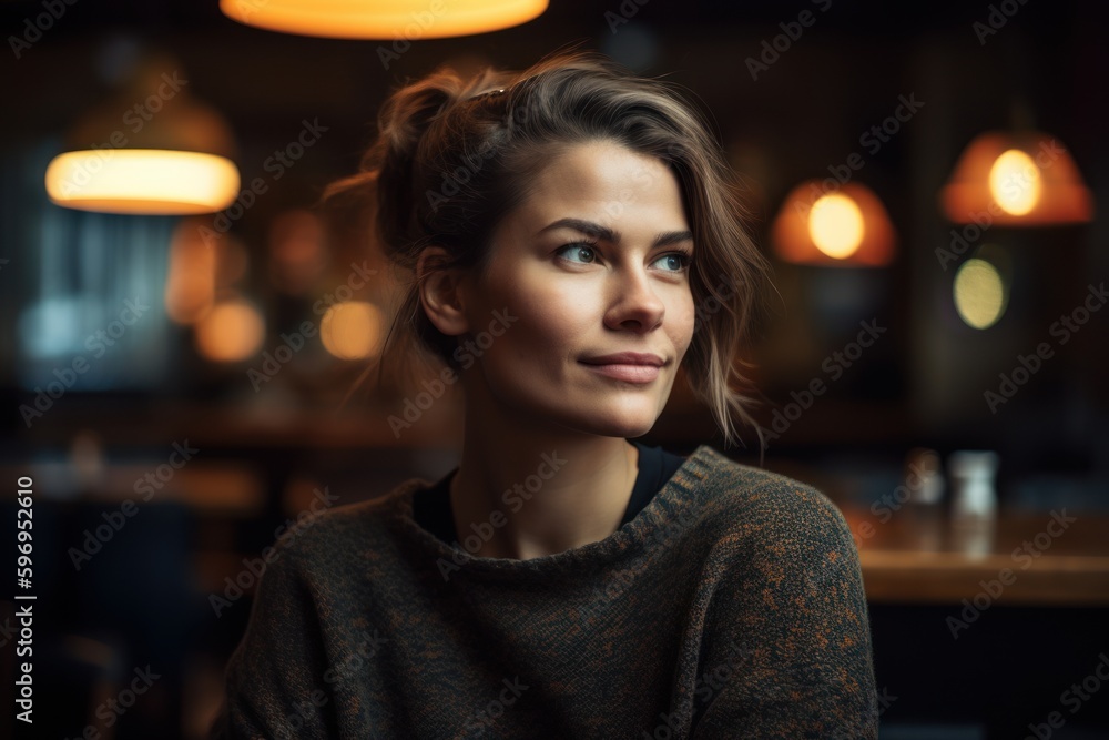 Portrait of a beautiful young woman in a cafe. Soft focus.