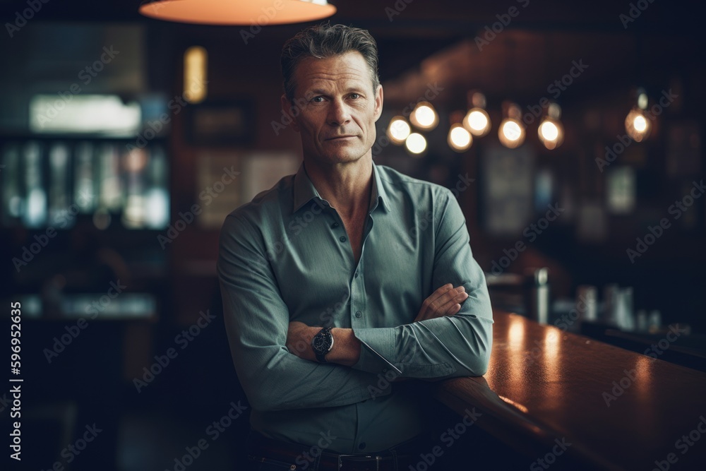 Fototapeta premium Portrait of handsome mature man standing with arms crossed in pub.