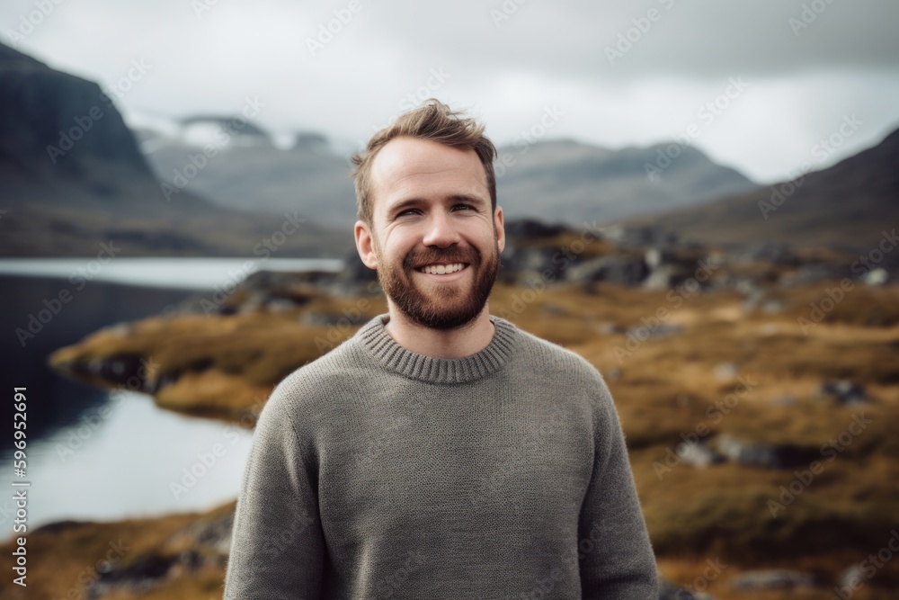 Handsome bearded man standing in front of a lake in the Scottish Highlands