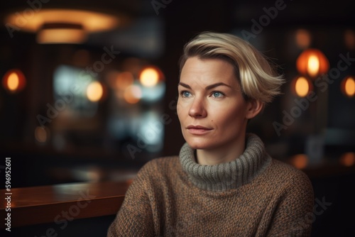 Portrait of a beautiful young woman with short blonde hair in a knitted sweater in a cafe.