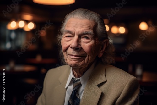Portrait of a senior man in a restaurant. He is smiling.