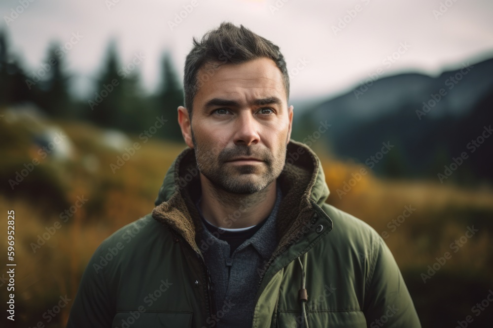 Portrait of a handsome bearded man in a green jacket in the mountains Portrait of a handsome bearded man in a green jacket in the mountains