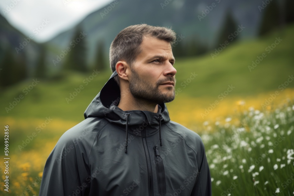 Handsome young man in raincoat standing on meadow and looking away
