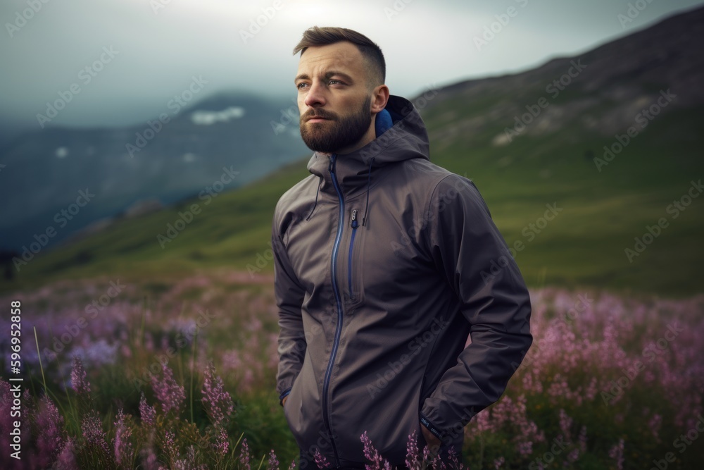 Handsome bearded man with a beard in a jacket on the background of the mountains.