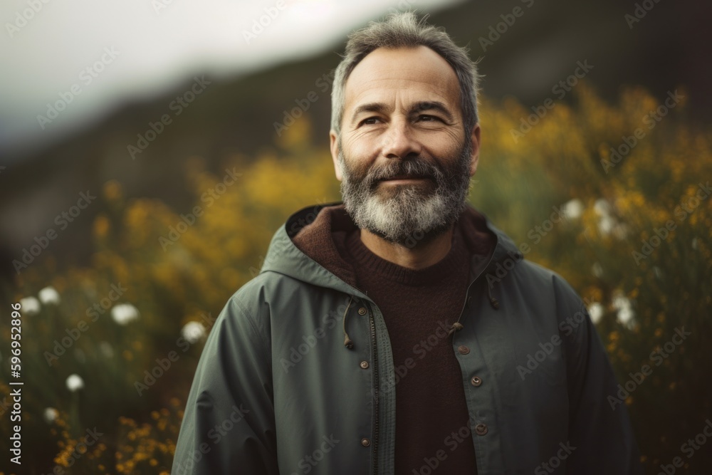 Portrait of a handsome middle-aged man with gray beard and mustache in the mountains. Portrait of a handsome middle-aged man with gray beard and mustache in the mountains.