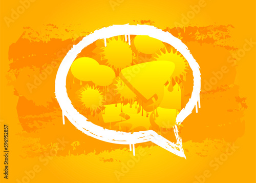 White Speech Bubble Graffiti on yellow Background. Urban painting style backdrop. Abstract discussion symbol in modern dirty street art decoration.