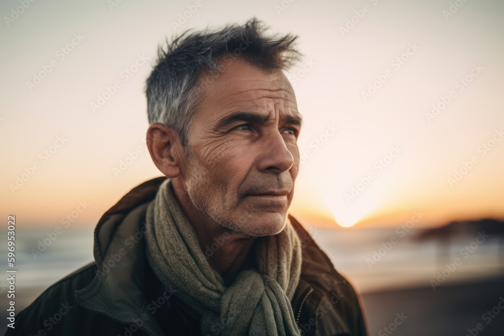 Portrait of mature man looking away while standing at beach during sunset Portrait of mature man looking away while standing at beach during sunset