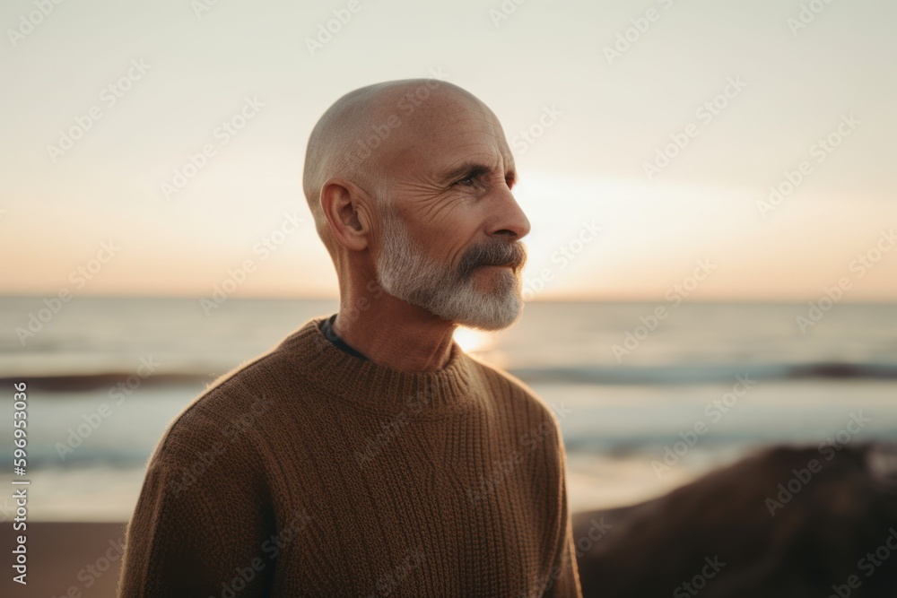Portrait of senior man looking away while standing on beach at sunrise Portrait of senior man looking away while standing on beach at sunrise