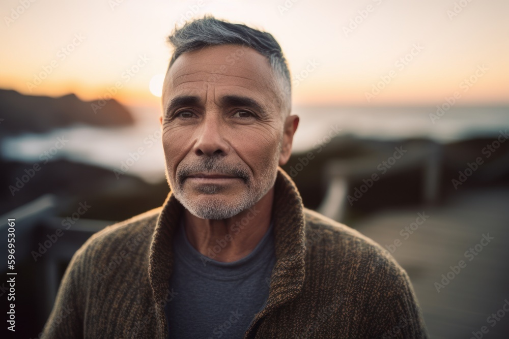 Portrait of senior man looking at camera while standing on pier at sunset Portrait of senior man looking at camera while standing on pier at sunset