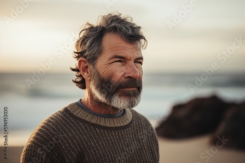 Portrait of handsome mature man looking away while standing on the beach at sunset