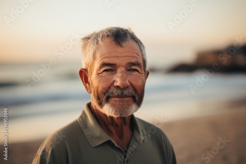 Portrait of a senior man on the beach at sunrise in summer
