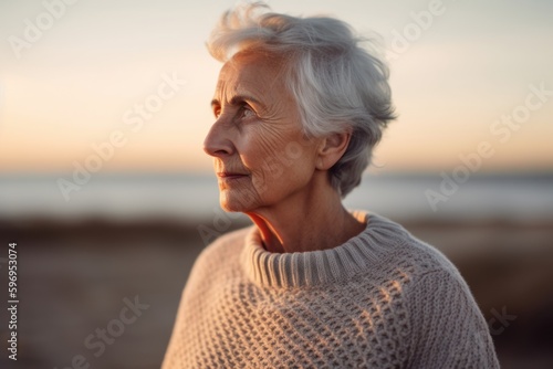 Portrait of a senior woman looking away on the beach at sunset