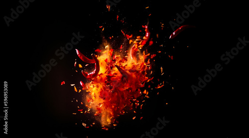 Fototapeta Naklejka Na Ścianę i Meble -  The spicy chilies are swirling together, twisting into a fiery explosion on a dark black background. generative AI.