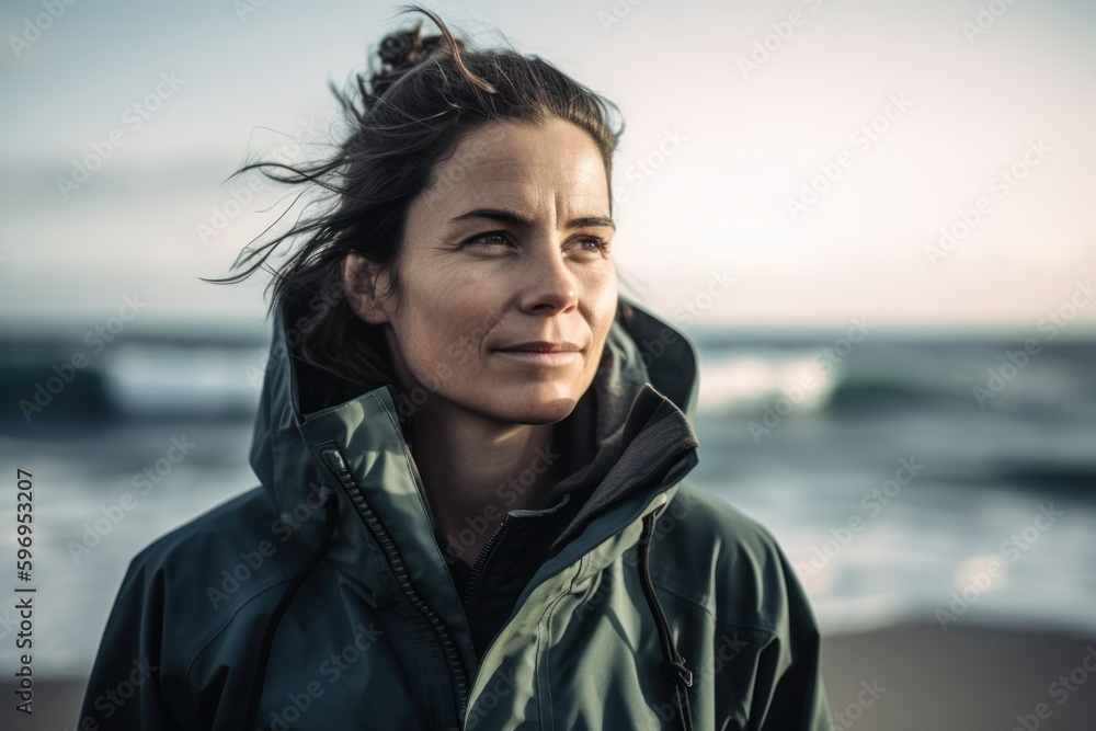 Portrait of a beautiful woman on the beach in the autumn.