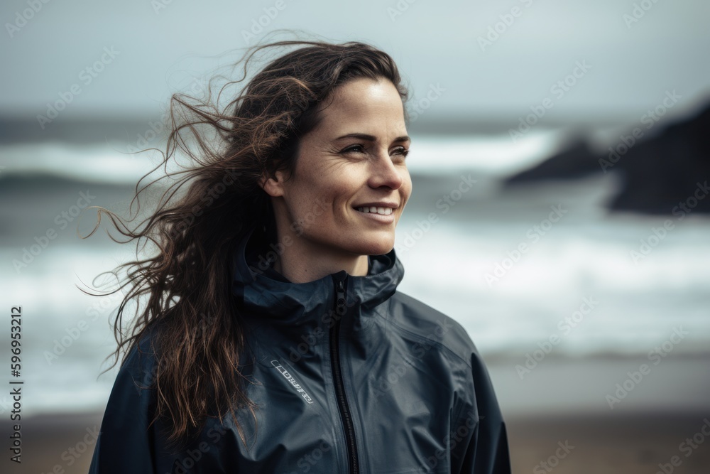 Portrait of a young beautiful woman in a raincoat on the beach