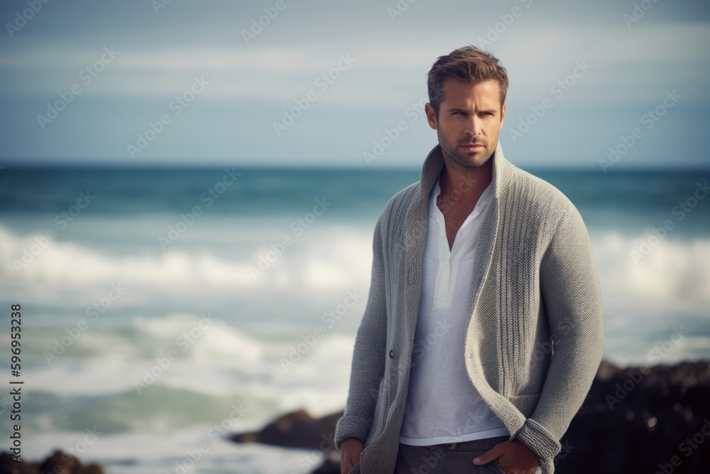 Conceptual portrait photography of a satisfied man in his 30s wearing a chic cardigan against ocean waves background. Generative AI