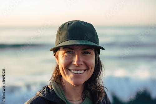 Portrait of smiling woman wearing cap and jacket standing on beach at sunset © Robert MEYNER