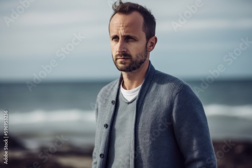 Portrait of handsome man looking away while standing on the beach at autumn day