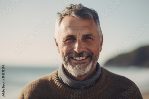 Portrait of senior man smiling at camera on beach during autumn day