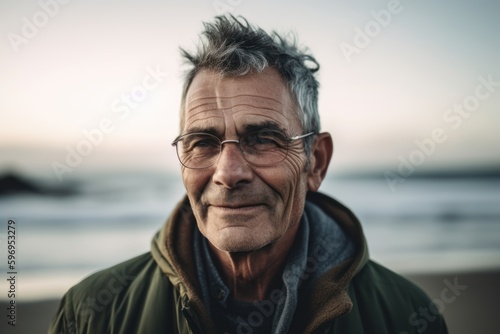 Portrait of senior man with grey hair and eyeglasses on the beach