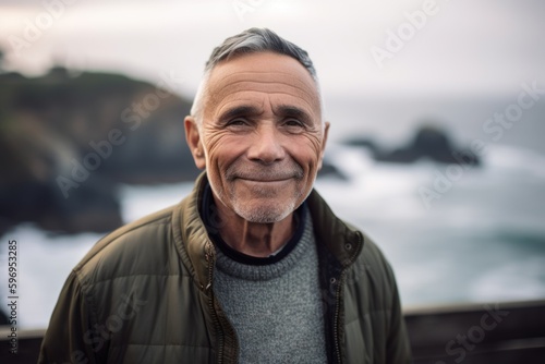 Portrait of smiling senior man looking at camera while standing against sea