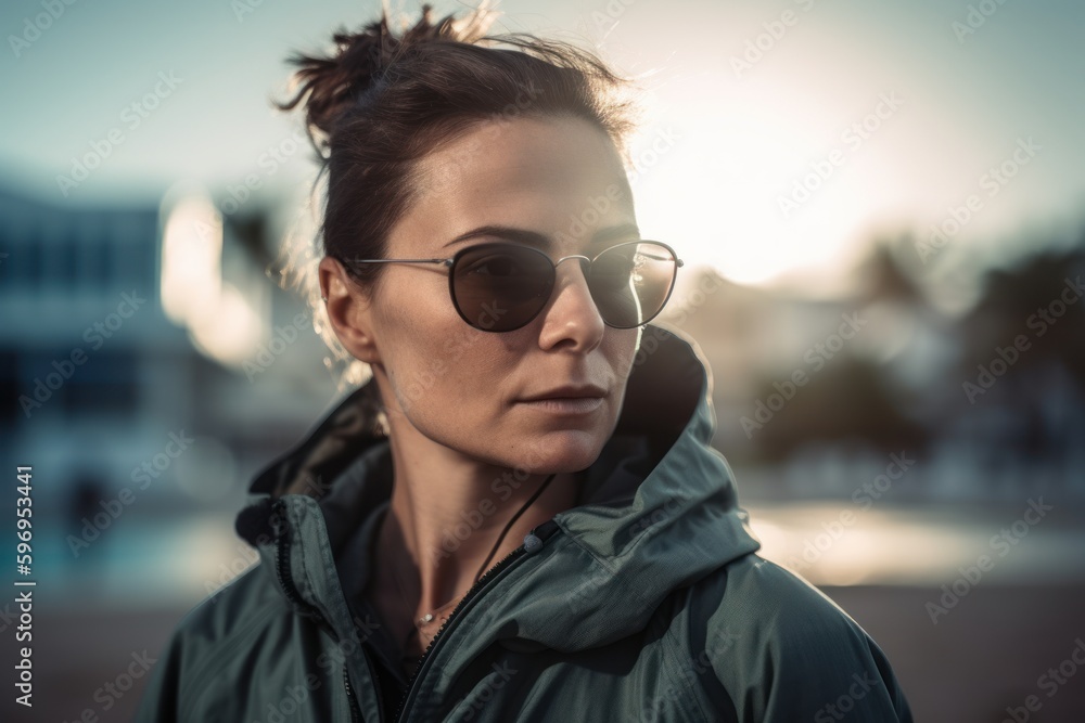 Portrait of a young woman in a green jacket and sunglasses.