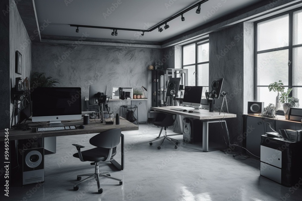 Spacious grey office with a mock wall. Generative AI