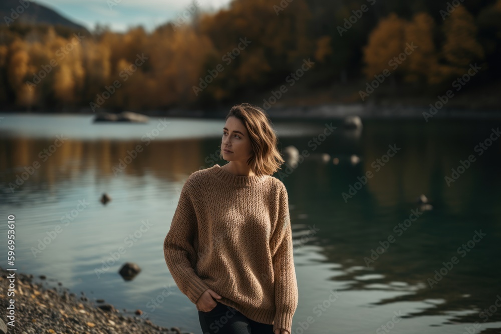 Portrait of a young woman in a sweater on the shore of a lake. Portrait of a young woman in a sweater on the shore of a lake.