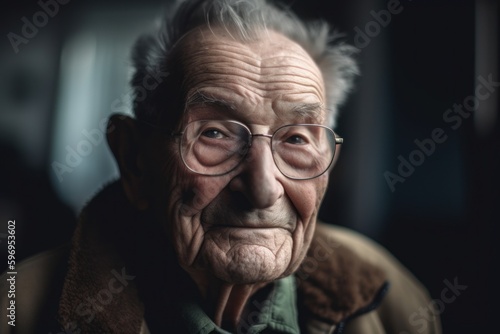 Portrait of an old man with eyeglasses in the dark