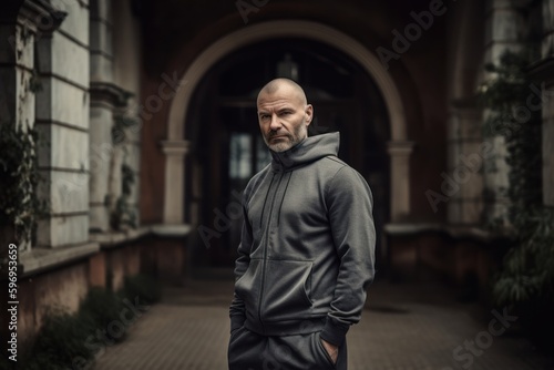 Portrait of a middle-aged man in a black sportswear in the city