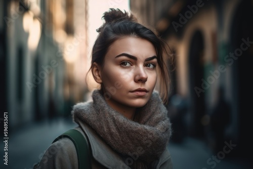 Portrait of a beautiful girl in a coat with a scarf on the street © Robert MEYNER