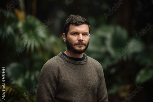 Portrait of a handsome bearded man in a green sweater on a background of tropical plants