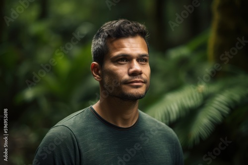 Portrait of a handsome young man standing in the rainforest.