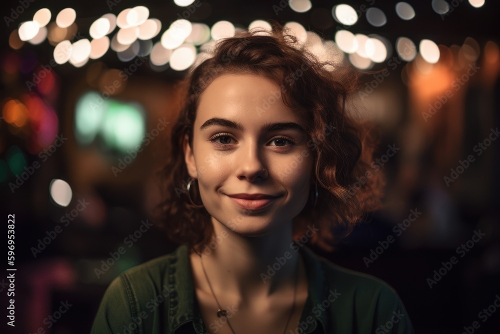 Portrait of beautiful young woman with curly hair in a cafe.