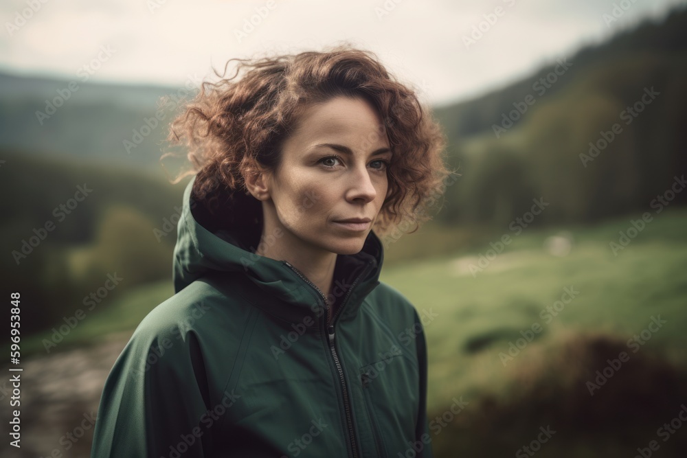 Portrait of a beautiful young woman with curly hair and green jacket. Portrait of a beautiful young woman with curly hair and green jacket.