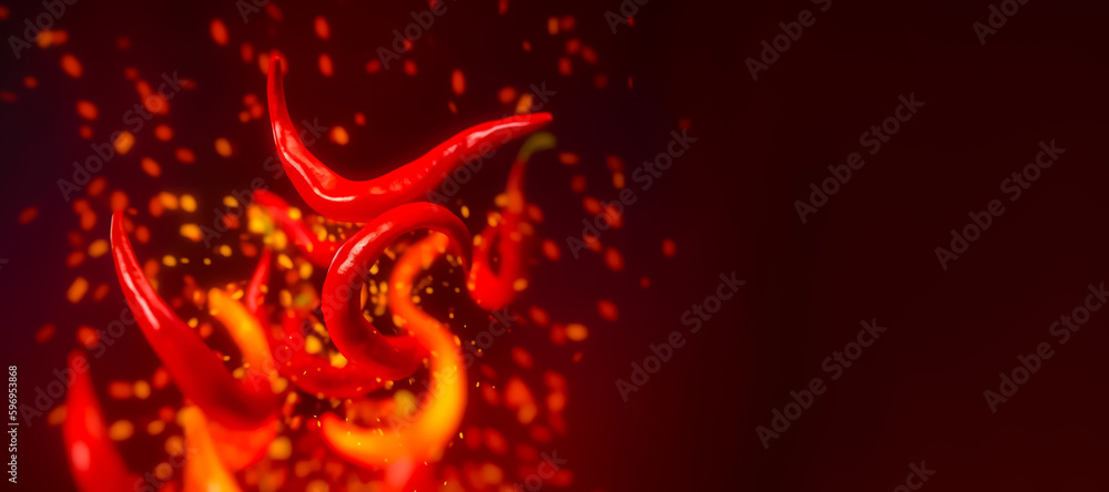 Spicy chilies and flames combine in a tornado-like formation on a dark red background. generative AI. Spicy chilies and flames combine in a tornado-like formation on a dark red background. generative AI.