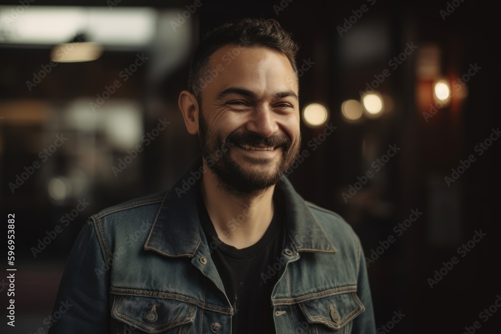 Portrait of a handsome young man in a denim jacket smiling at the camera. Portrait of a handsome young man in a denim jacket smiling at the camera.