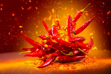 Crédence de cuisine  Spicy chilies and flames combine in a tornado-like formation on a dark red background. generative AI.  © Surachetsh