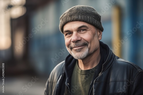 Portrait of a smiling middle aged man in a cap and leather jacket © Robert MEYNER