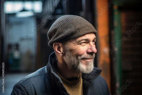 Portrait of senior man with grey beard and hat in the city © Robert MEYNER