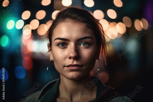 Portrait of a beautiful young woman in the city at night.
