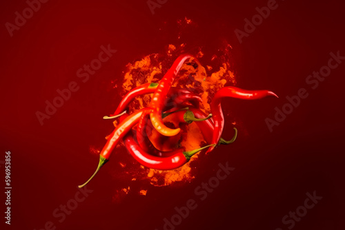 Spicy chilies and flames combine in a tornado-like formation on a dark red background. generative AI.