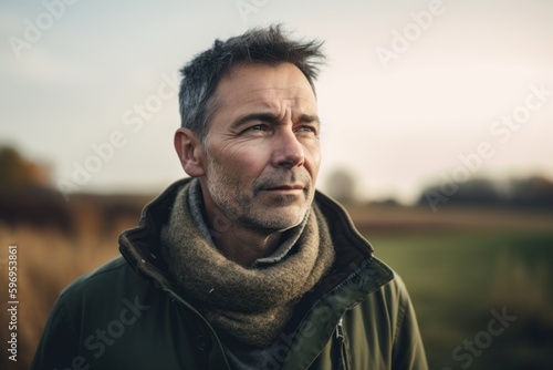 Portrait of a handsome middle aged man in the field. Men's beauty, fashion.