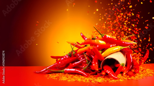 Spicy chilies and flames combine in a tornado-like formation on a dark red background. generative AI.