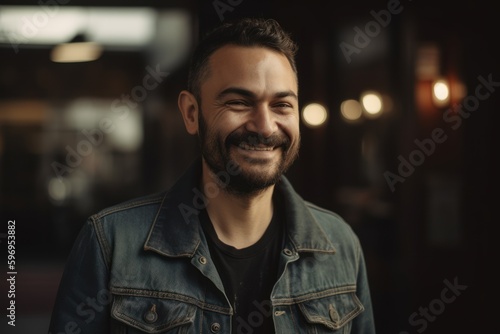 Portrait of a handsome young man in a denim jacket smiling at the camera.