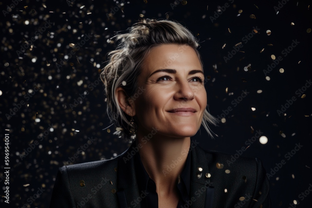 Portrait of a beautiful woman with flying confetti on black background Portrait of a beautiful woman with flying confetti on black background