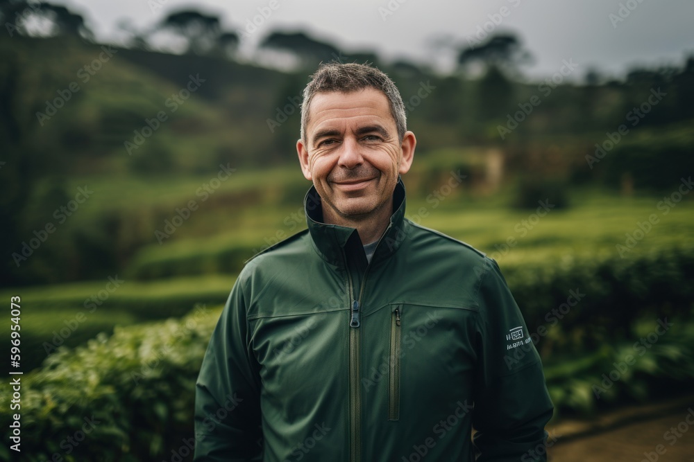 Group portrait photography of a pleased man in his 40s wearing a comfortable tracksuit against a tea plantation or farm background. Generative AI