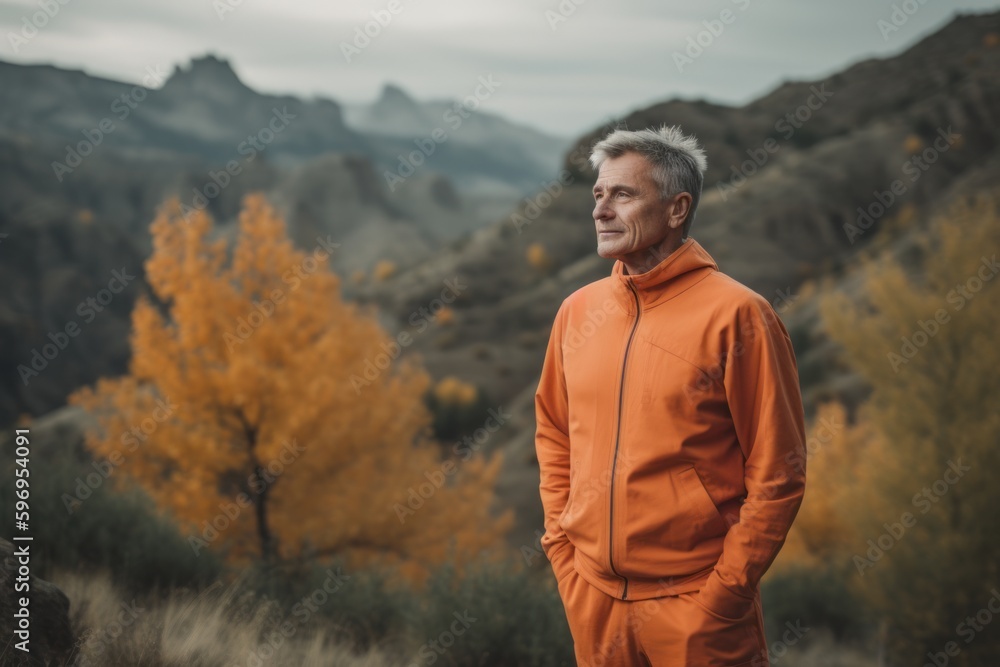 Handsome middle-aged man in an orange tracksuit standing in the autumn mountains