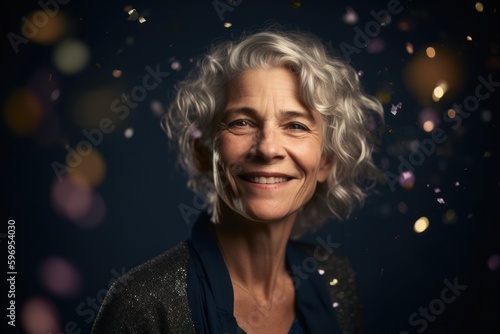 Portrait of happy senior woman with confetti on dark background. © Robert MEYNER