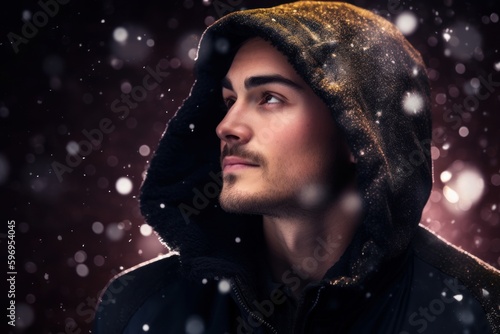 Portrait of a handsome young man in a hood over dark background.